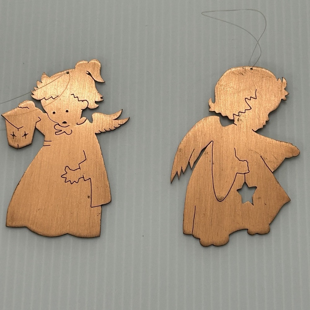 Vintage Mid-Century Copper Angel Christmas Ornaments Star Lantern Set Of 2